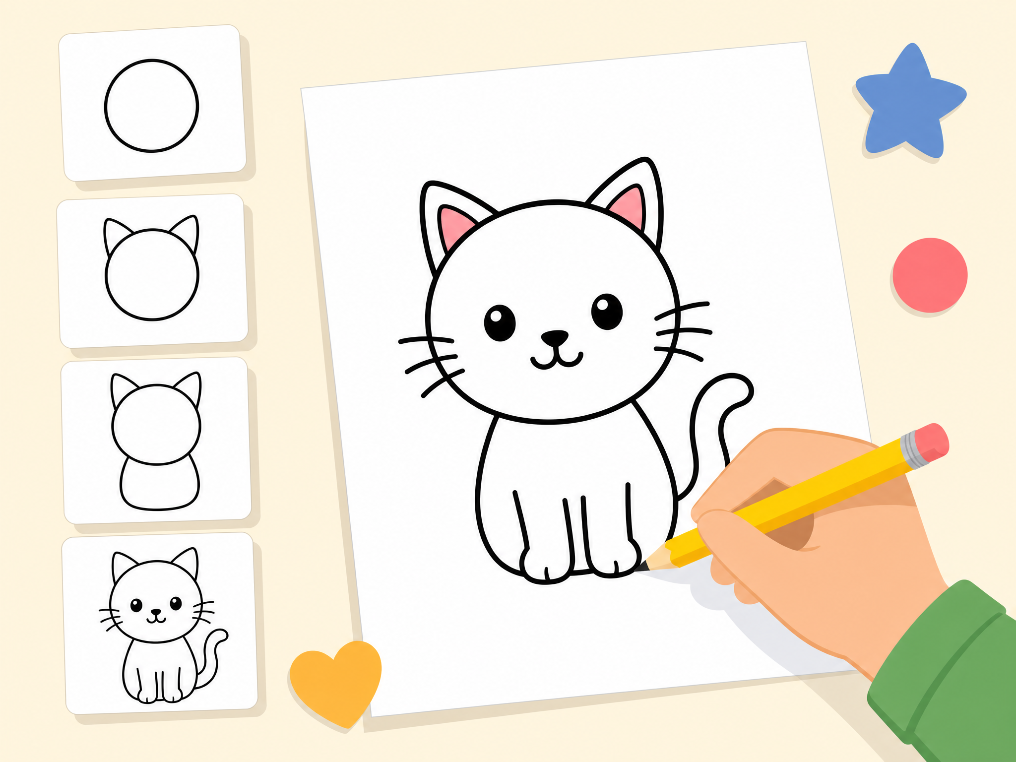 A beginner following an easy how to draw a cat tutorial step by step