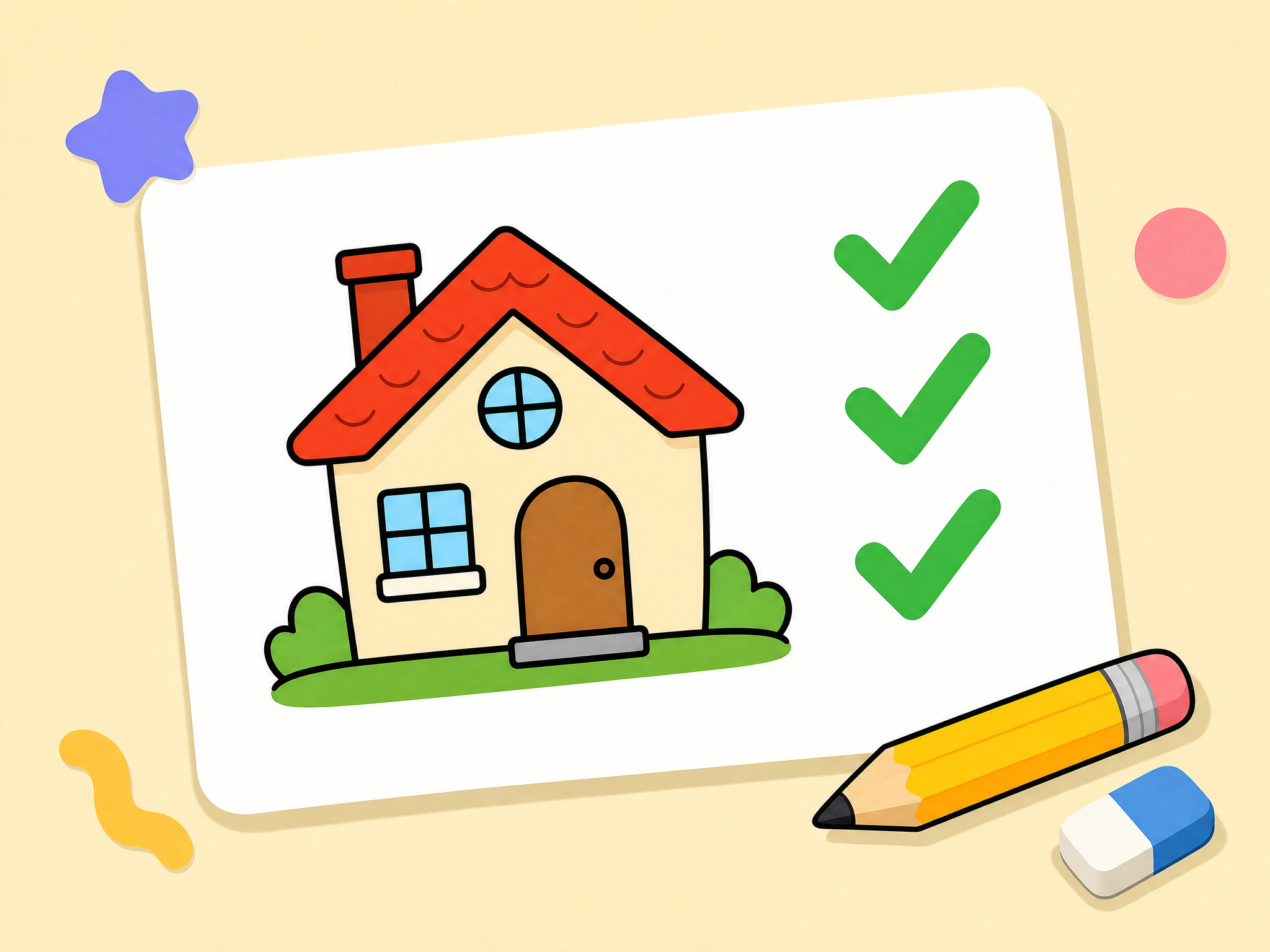 A simple house drawing with easy completed steps