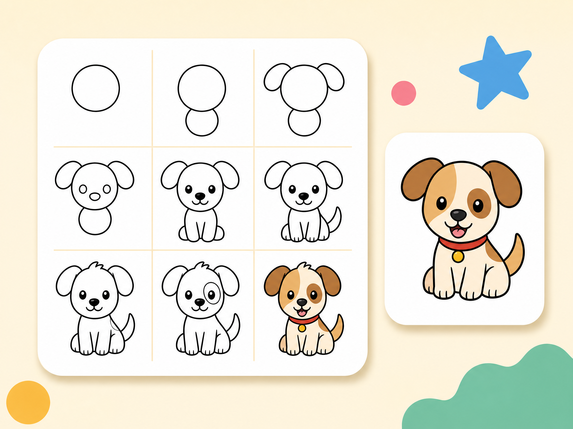 How to draw a dog step by step, from simple shapes to a colored drawing