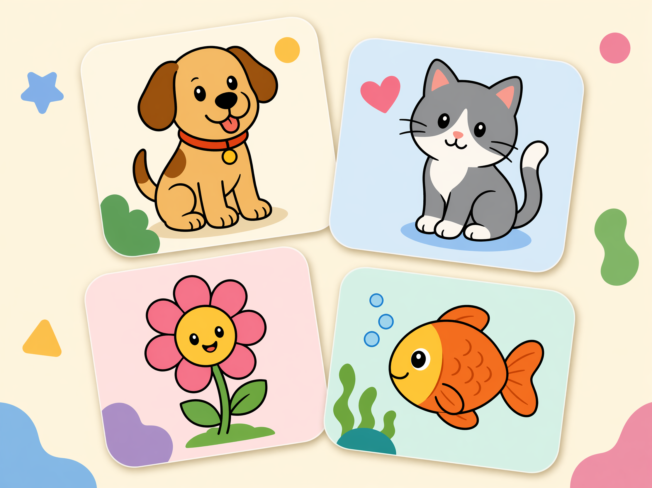 A gallery of easy drawings: a dog, cat, flower and fish