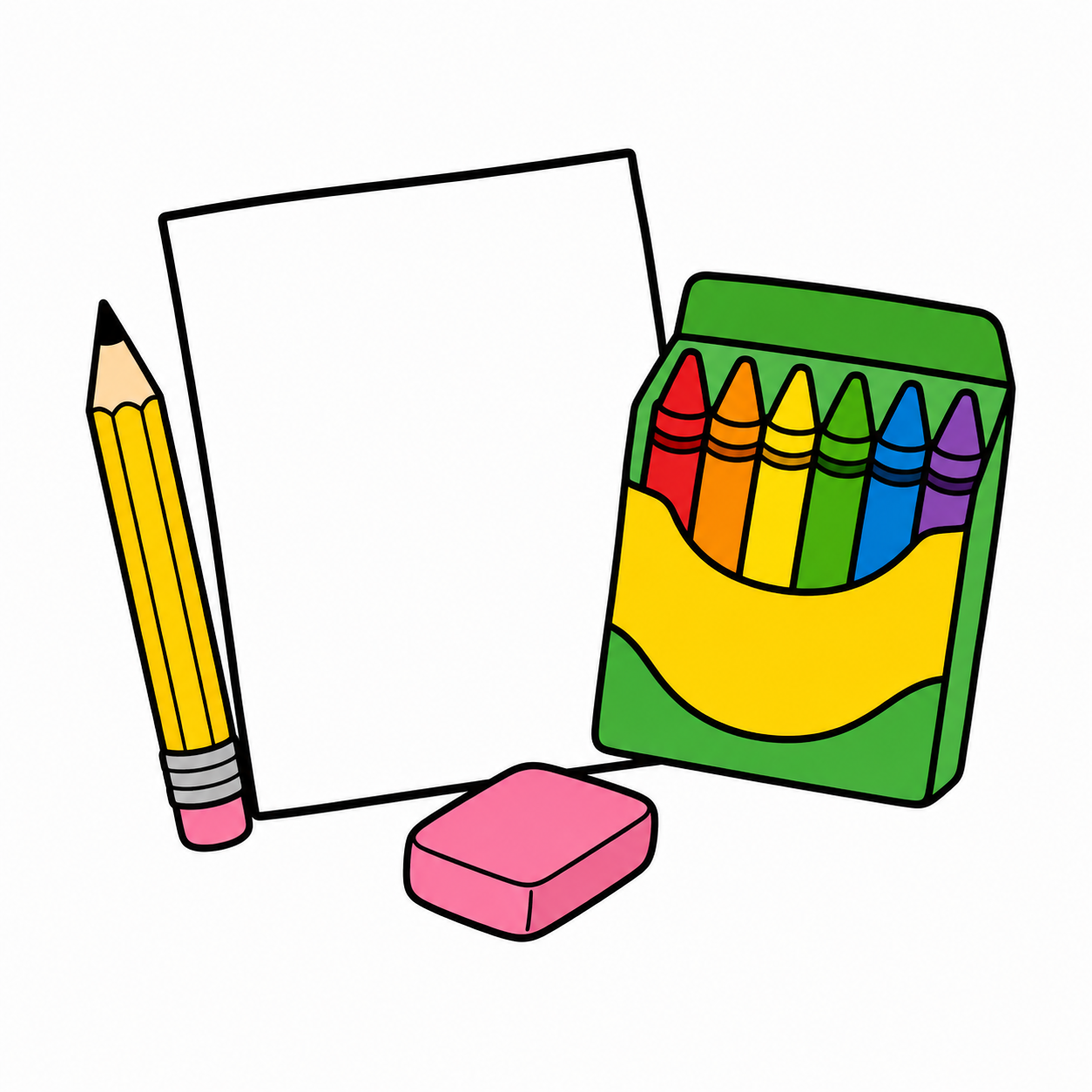 Drawing supplies: pencil, paper, eraser and crayons