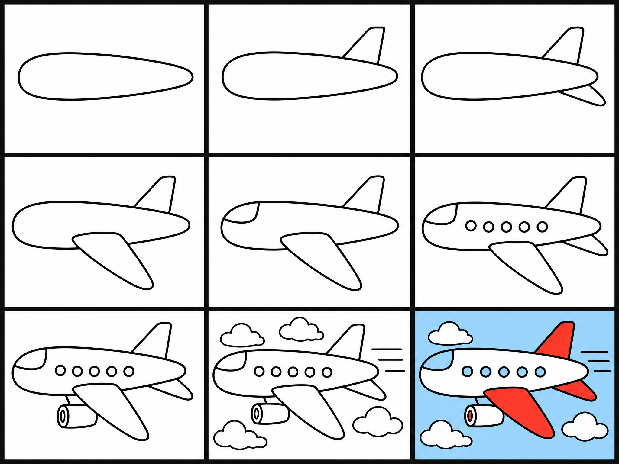 How to draw airplane — all 9 steps in one chart