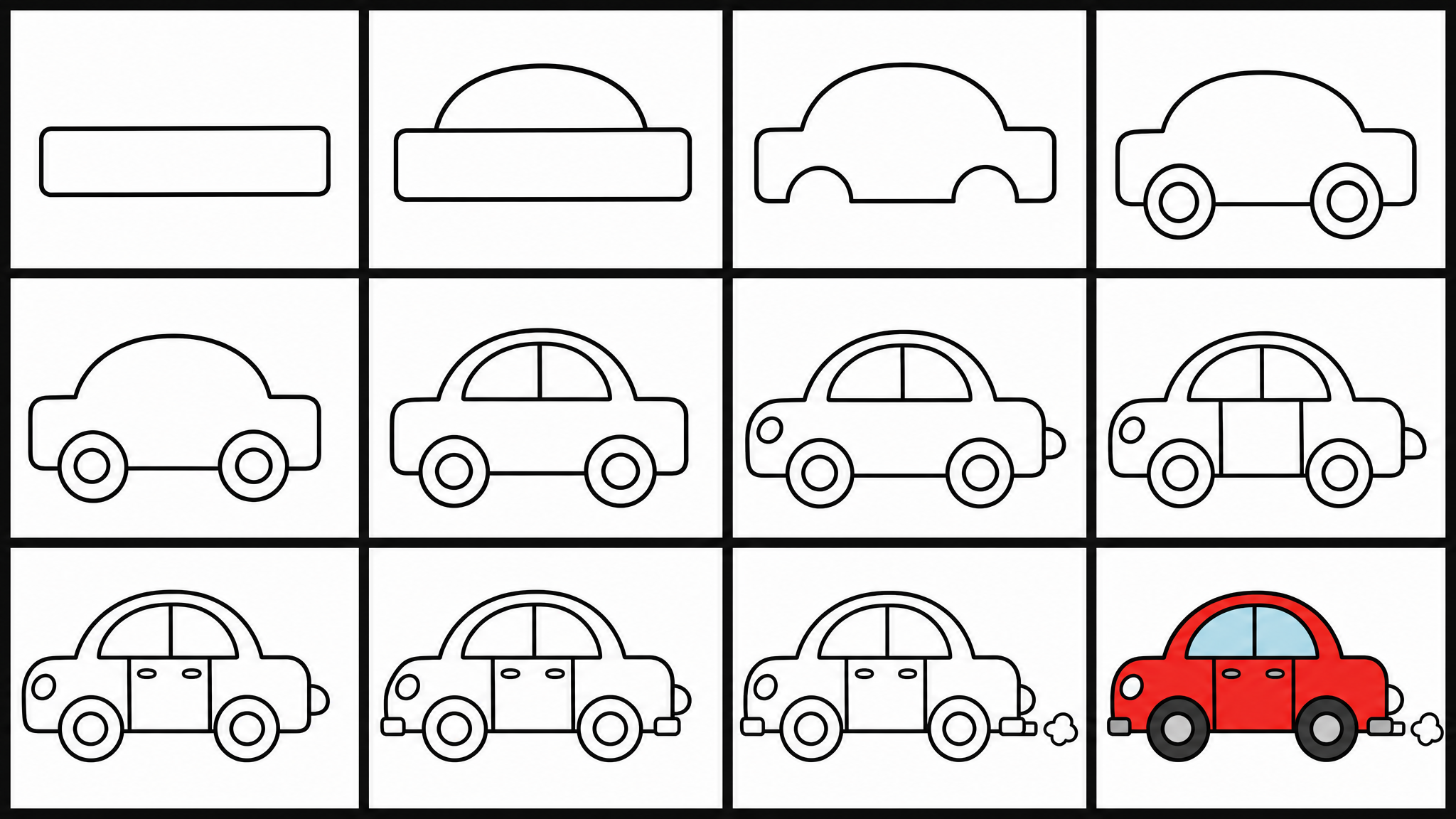 How to draw car — all 12 steps in one chart