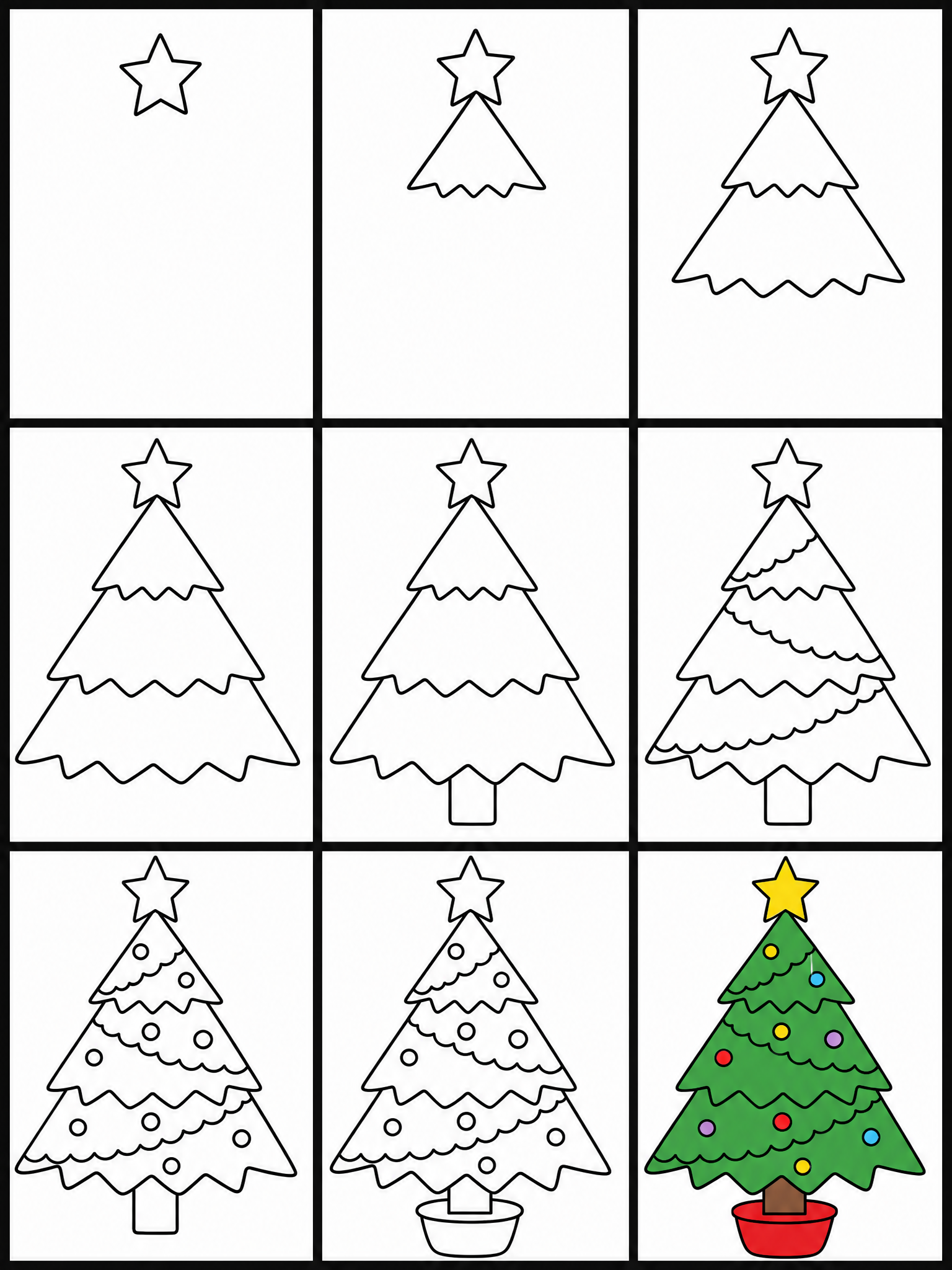 How to draw christmas tree — all 9 steps in one chart