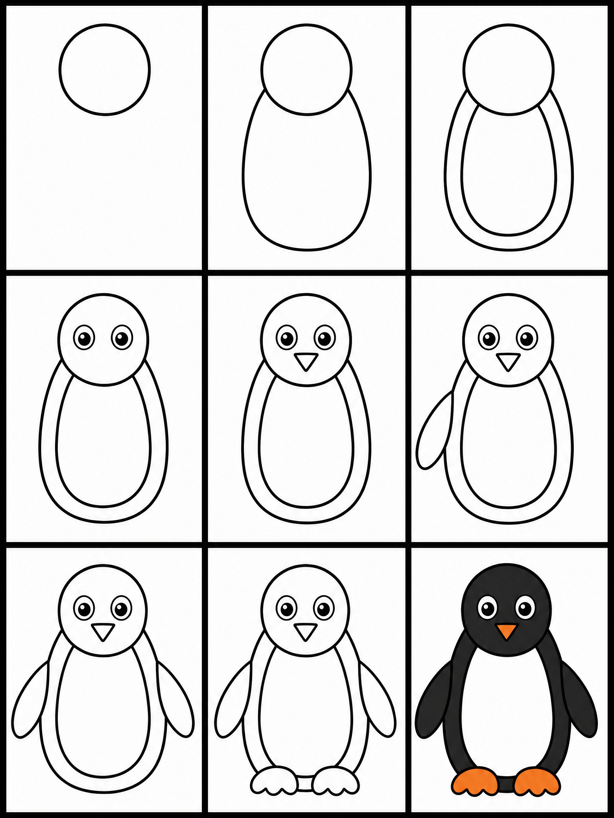 How to draw penguin — all 9 steps in one chart